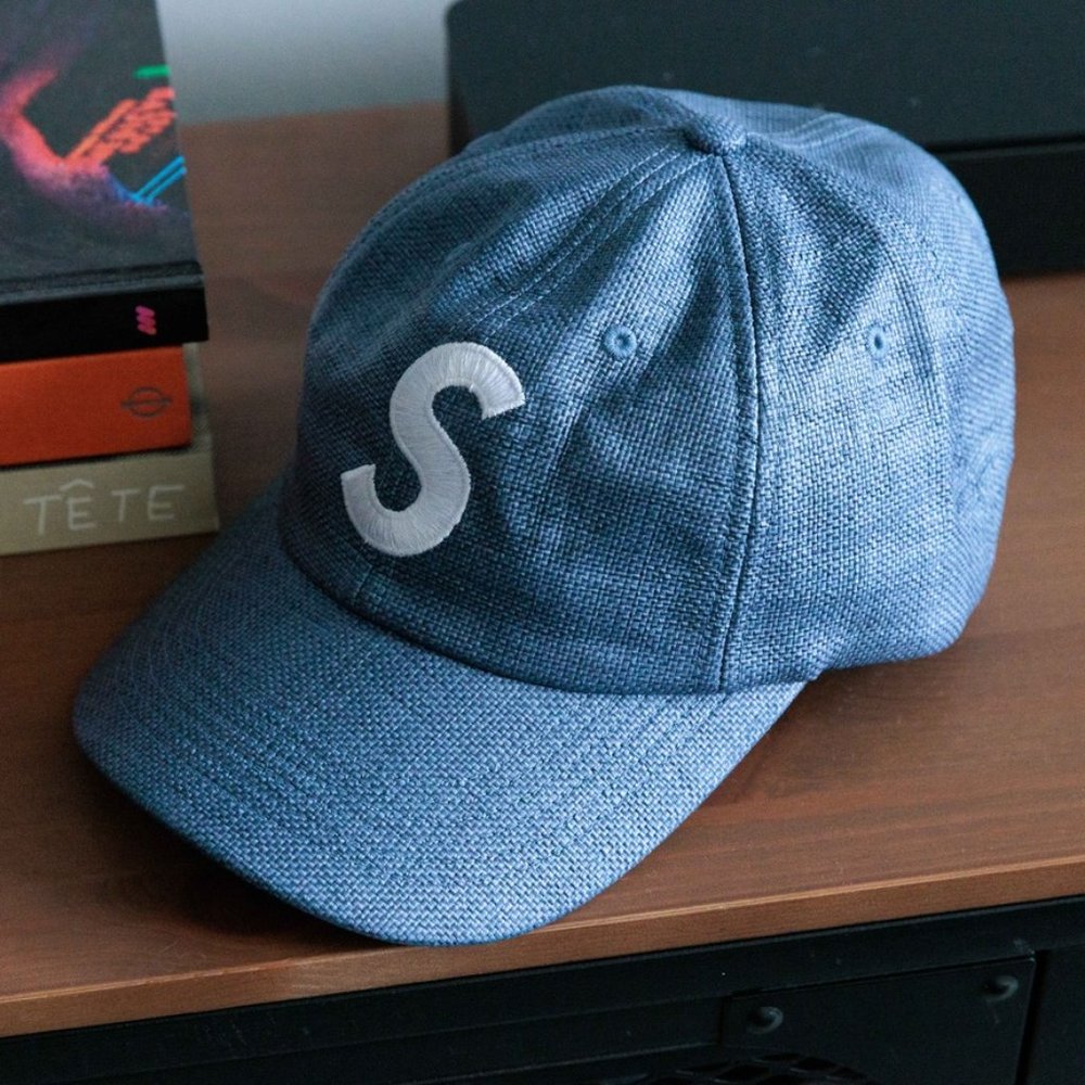 Supreme blue Raffia woven S-Logo leather strap back hat Summer 2022 deadstock